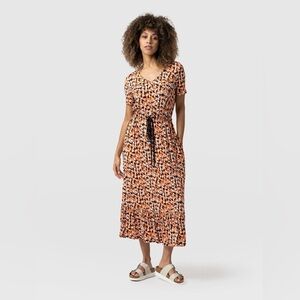 Orange Abstract Print Tiered Midi Dress | Saint + Sofia Meredith V Neck